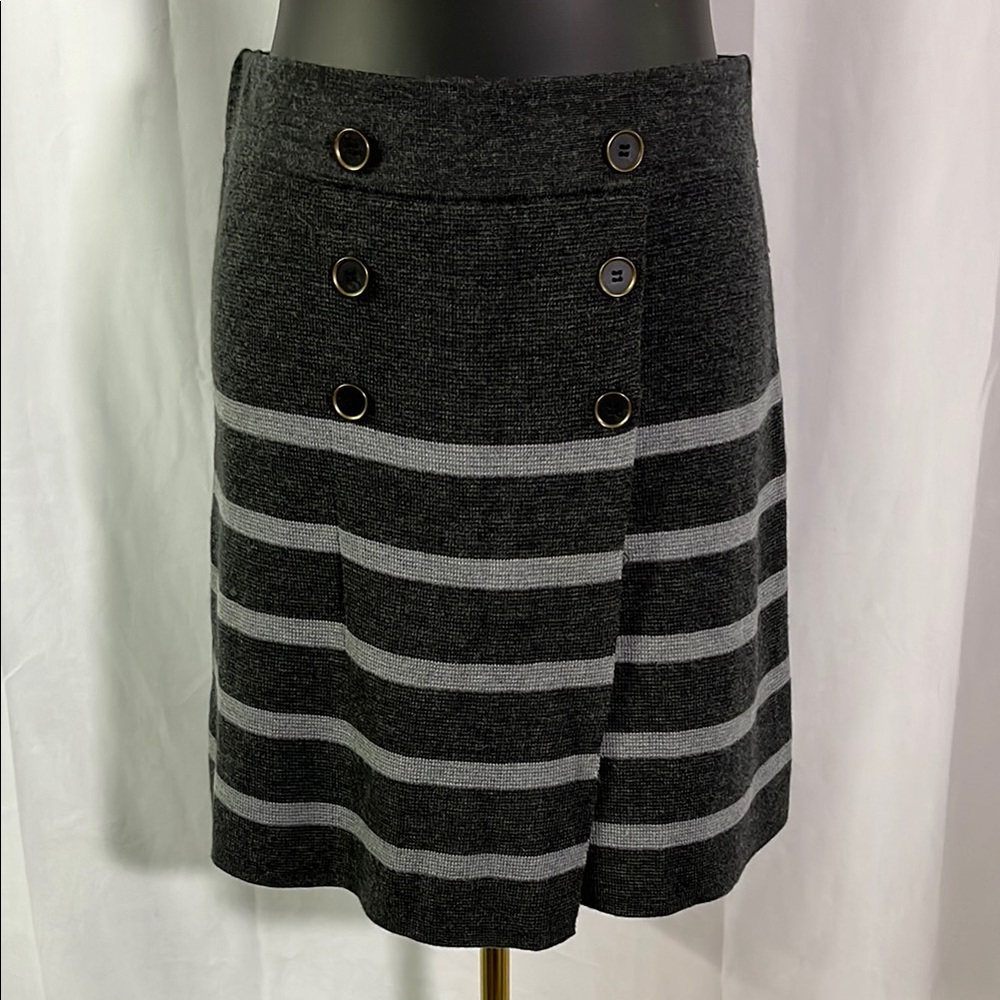 LOFT Gray Striped Wool Blend Faux Wrap Button Accent Mini Skirt